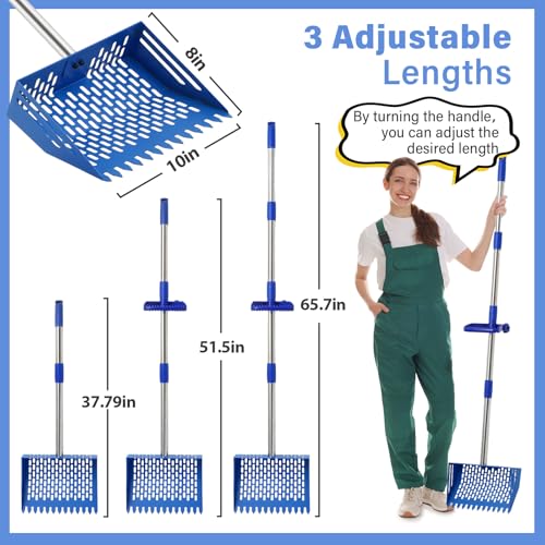 2-in-1 Chicken Poop Scooper & Rake, 10 Inch Chicken Coop Scoop with 37" to 65" Adjustable Stainless Steel Handle, Pooper Scooper Set with Gloves, Pet Farm Animal Waste Cleaning Tools (Blue) - color: Blue