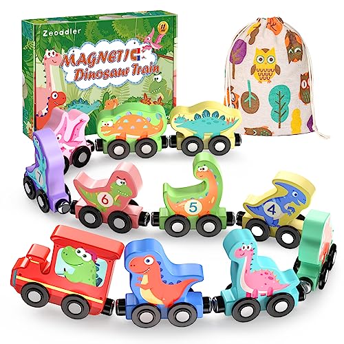 Zeoddler Toys for Toddlers, 11 Magnetic Wooden Dinosaur Train Set, Montessori Toys for Toddlers, Preschool Educational Material for Kids, Birthday Gifts for Boys, Girls - style: Dinosaur