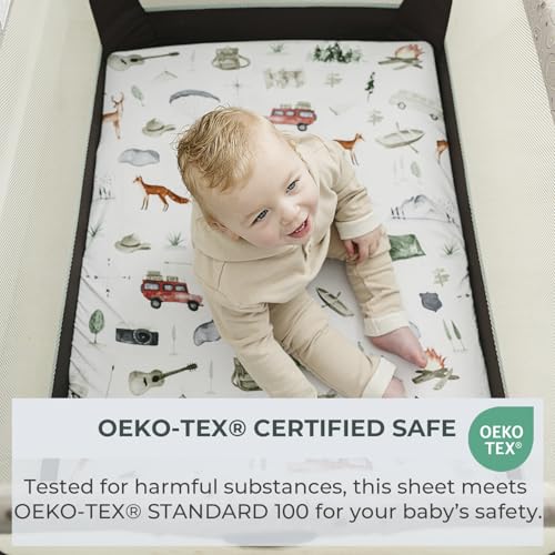 Pobi Baby Pack N Play Sheets for Boys, 2-Pack, Cotton Blend (Explore) | Playard Sheet, 2-Pack, Graco 38x26, Cotton, Mini Crib Sheet, Soft, Snug, Safe, Pack n Play, Playpen, Travel, Machine Wash - color: Explore