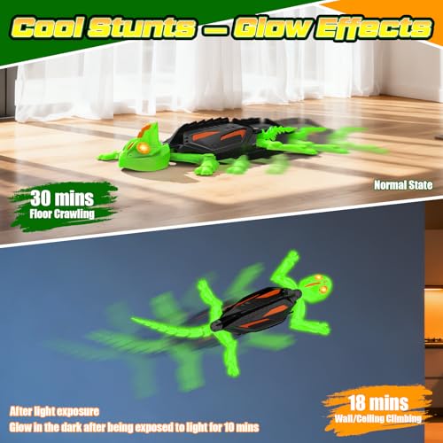 Wall Climbing Gecko, Glow-in-The-Dark Lizard Wall Crawler, Remote Control Lizard with LED Eyes, 360° Rotating Electric Reptile Robot for Floor and Wall, Christmas Birthday Gift for 3-8 Year Old Kids - color: Green