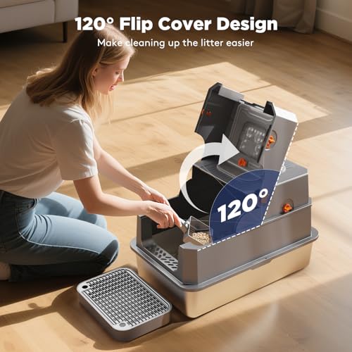 FURTIME Stainless Steel Litter Box with Lid, Enclosed Metal Cat Litter Box | XL Extra Large, Cat Box with High Sided Enclosure & Scoop, Big Cats, Front & Top Entry, Odor Free, Anti-Leakage, Grey - color: Grey, size: X-large