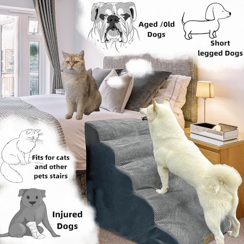 5-Step Dog Stairs for 23 Inch High Beds & 20-30 Inch Couch Bed, Non-Slip Balanced Indoor Pet Ramp Stairs for Small Old Large Dogs Cats to Get on Bed 30D