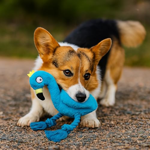 Flamingo Dog Toy, Squeaky Plush Rope Toy for Tug and Play | Fun sound stimulation for chewing, shaking and active play - color: Blue Flamingo