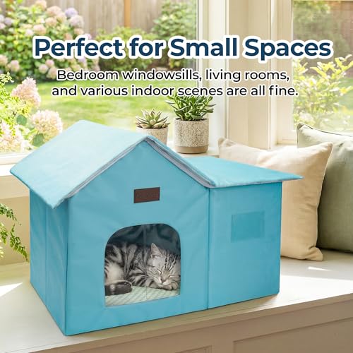PatiencET Large Cat Cooling House for 2 Small Cats, Indoor Cooling Cat House for Summer, Blue Cat Hideaway Bed with Side Ice Packs, Insulated Foil Lining - size: Large