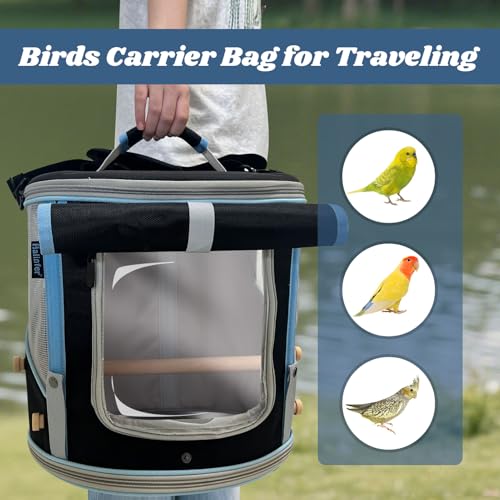 halinfer Small to Medium Bird Travel Carrier Cage, Portable Parrot Parakeet Cockatile Conure Transport Cage with Clear Window and Fabric Shade, Round Carry Bird Bag - color: Black