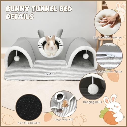 YUEPET 3-Way Bunny Tunnel Bed, Rabbit Tunnel for Indoor, Bunny Play Tunnel | Cozy Bunny Bed, Washable Rabbit Tunnels for Indoor Bunnies, With Removable Cushion, Anti-Slip Base, 29.5 x 21.7 in, Grey - color: Grey
