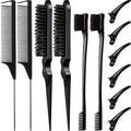 Remerry Hair Brush Set, 12 Pieces Nylon Brushes Including 3 Row Salon Teasing Brushes, Double Sided Edge Brush, Rat Tail Combs, Duckbill Clips for Women Girls - Black - color: Black