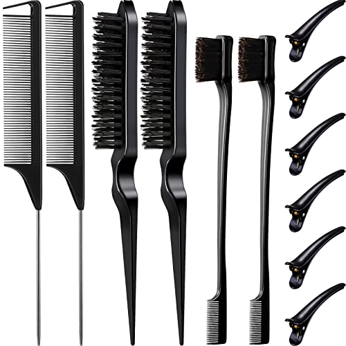 Remerry Hair Brush Set, 12 Pieces Nylon Brushes Including 3 Row Salon Teasing Brushes, Double Sided Edge Brush, Rat Tail Combs, Duckbill Clips for Women Girls - Black - color: Black