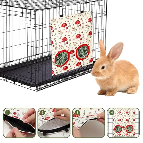 JarThenaAMCS 2 Pcs Rabbit Hay Feeder Bag with 2 Holes Mushroom Guinea Pig Hanging Hay Feeding Bag Red Storage Dispenser for Chinchilla Hamster Bunny Small Animal Pet, 11.5 x 9 Inch