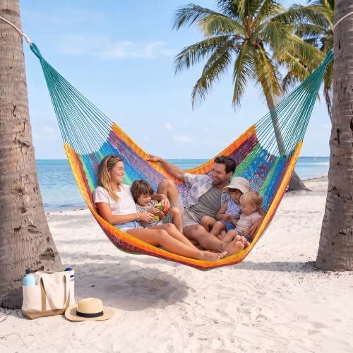 Family Handwoven Rope Mayan Hammock, 600 lbs Capacity, Extra Large | 2 Person, Portable Carrying Bag, Easy-Used Tree Straps, Carabiners, Soft Fabric, Patio (Tropical, XX-Large) - color: Tropical, size: XX-Large