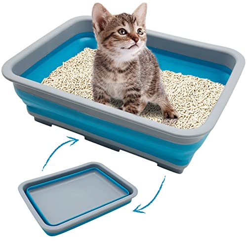 Fhiny Open Cat Litter Box, Kitten Potty Pan Semi-Enclosed Foldable Waterproof Travel Toilet Low Entrance for Indoor Cats Small Pet Kitty Rabbit Supplies Easy to Clean and Assemble - color: Blue-S