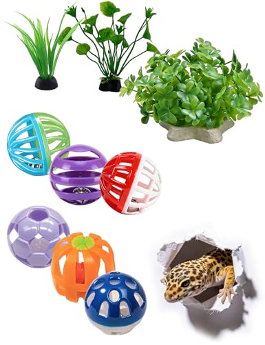 9 Pack Reptile Play Balls and Plant for Bearded Dragons Leopard Geckos | BPA‑Free, Wear‑Resistant Polished Burr‑Free Edges, Faux Foliage with Weighted Bases for Reptile Terrarium