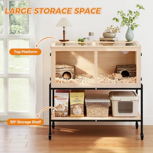 COZIWOW Hamster Cage Chewproof, 39"X18"X40" Movable Large Hamster Habitat | 4 Lockable Caster Wheels, Storage Shelf, Openable Top, Wooden Small Animals Cage for Guinea Pig, Hedgehog, Gerbil, Rat, Mouse - size: 39"L x 18"W x 40"H