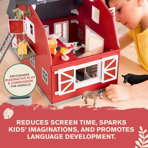Terra by Battat – 20 Pieces Wooden Animal Barn Toy Set – Farm Animals & Play Fence – Pretend Play for Toddlers & 3+ Years – Educational Toys – Farmhouse Playset | Wooden farm toy set with 1 barn, 10 fences, ladder, 4 hay bales, 2 troughs, pulley tray and