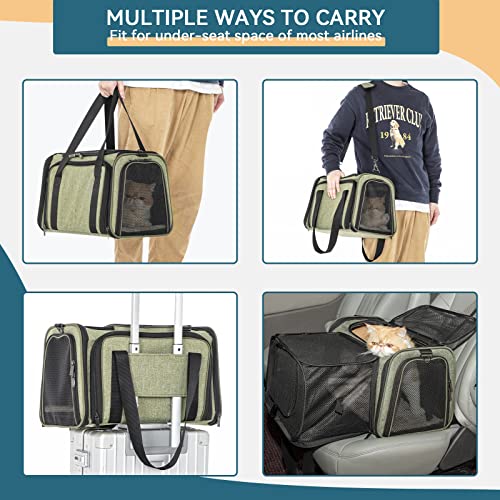 Petsfit Pet Carrier Airline Approved, Cat Carrier with Locking Zipper and Shoulder Strap, Storage Pockets, Expandable Pet Carrier Small Dog Carrier up to 15 Pounds Army Green M - color: Green, size: 17.0"L x 11.0"W x 11.0"H