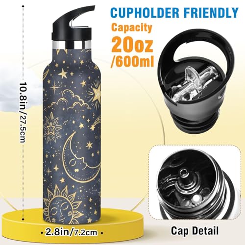 Boho Sun Moon Insulated Water Bottle with Straw Lid,Vacuum Stainless Steel Mug Leakproof Tumbler Flask Kids Water Bottle for Sports Travel School,20oz - color: Boho Sun Moon