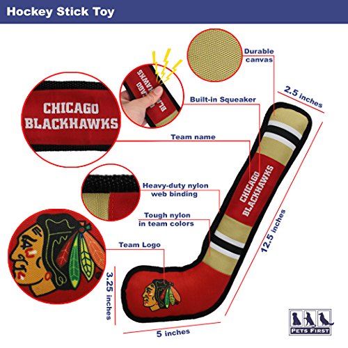 Pets First Dog Toy Tough Nylon with Inner Squeaker Licensed by NHL Chicago Blackhawks Hockey Stick Toy for Dogs & Cats. Play Hockey with Your Pet with This Licensed Dog Tough Toy - color: Chicago Blackhawks, style: NHL Dog Tug Toy