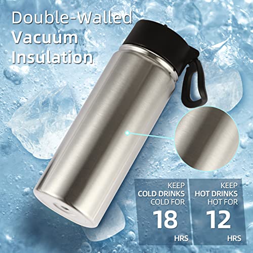 Volhoply 18oz Kids Insulated Water Bottle,Stainless Steel Water Bottles with Straw,Double Wall Vacuum Metal Water Bottle,Wide Mouth Reusable Sports Travel Flask For Cold Drink(Silver,1 Set) - color: Silver