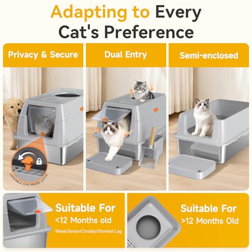 XL Enclosed Stainless Steel Litter Box with Lid, Light Gray | covered, High Sided, Rustproof & Leak Proof, Easy Clean, Odor Control, Includes Scoop & Step - color: Light Gray