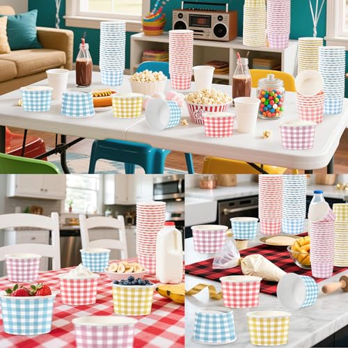 120Pcs 12oz Gingham Ice Cream Cups for Hot or Cold Food | Pastel Gingham Dessert Bowls Disposable Colorful Large Snack Cups for Snack Cups for Sundae Frozen Treat Holiday Party Favor - style: 120Pcs Colorful Gingham Cups