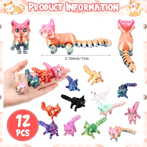 Honoson 12 Pcs 3D Printed Animals 5-7cm, Cat | Articulated Fidget Animals, Flexible 3D Printed Figures for Stress Relief, Cute Mini Joints for Party Favors and Display - size: 5-7cm, style: Cat