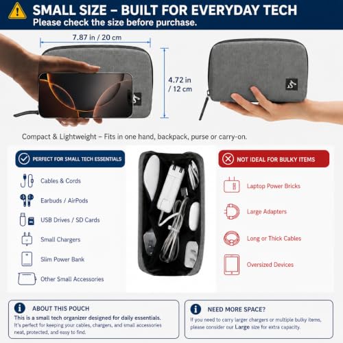Small Electronics Organizer Travel Case, Cord and Cable Tech Bag Pouch | Compact soft tech Bag pouch for cables cords chargers earbuds and slim power bank water-resistant for travel, cruise and work - color: Grey, size: Small