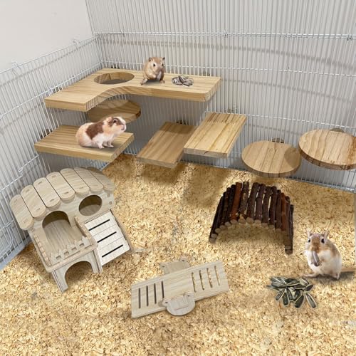 Wooden Chinchilla Cage Platforms Set 7 Pack Wood Shelves for Rat Cage Corner Ledges Small Animal Climbing Steps Standing Board for Juvenile Squirrel Gerbil Accessories - size: 7PCS