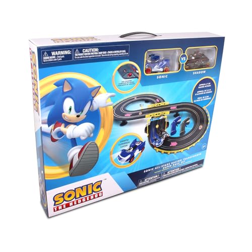 NKOK Sonic & Shadow Figure-8 Slot Car Race Track Set with Lap Counter | Officially licensed – includes 2 Sonic the Hedgehog vehicles, 2 controllers, 16 track pieces, and working lights Ages 5+ - style: Sonic & Shadow