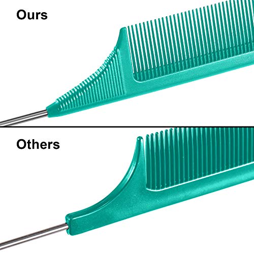 Leinuosen 3 Pack Rat Tail Comb Carbon Fiber,Green | Steel Pin Tail for Sectioning, Heat Resistant Teasing, Pick Comb for Women Wig Styling, Fishtail Design for Salon Updos - color: Green
