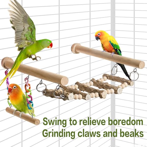 Bird Perches Ladder with Swing,Natural Wood Parrot Climbing Bridge Toys | Wood Climbing Ladder for Parakeet, Exercise Play Stand Parakeet Cage Accessories for Budgie Conure Lovebird Canary,A - color: A