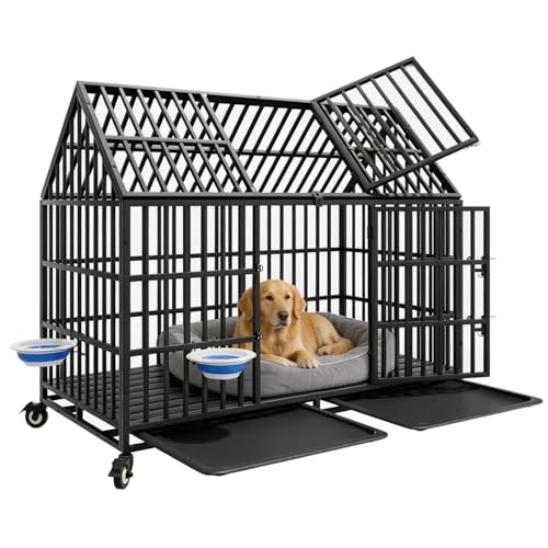 54 inch Heavy Duty Indestructible Dog Crate with 2 Bowls, Steel Double Door Indoor High Anxiety Cage for Large Giant Dogs, Escape-Proof Chew-Proof Pet Kennel with Trays and Wheels, Extra Large XL XXL - size: 53.9"L x 29.7"W x 46.1"H