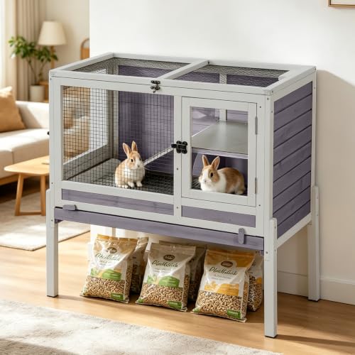 Aivituvin Wooden Guinea Pig Cages Indoor with Removable Stand, Anti Chewing Rabbit Hutch with Ramp and Wire Mesh, 2 Story Small Animals House Habitat with Pull Out Tray (Gray&Purple) - color: Gray&Purple