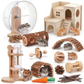 18 Pcs Hamster Cage Accessories, Silent Hamster Wheel 15 Toys Set | Maze Wood House and Water Bottle Set for Rat Mice Small Animals Habitat Decor Enrichment Starters(Natural Log Style) - style: Natural Log Style