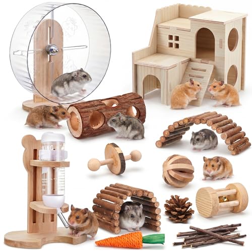 18 Pcs Hamster Cage Accessories, Silent Hamster Wheel 15 Toys Set | Maze Wood House and Water Bottle Set for Rat Mice Small Animals Habitat Decor Enrichment Starters(Natural Log Style) - style: Natural Log Style