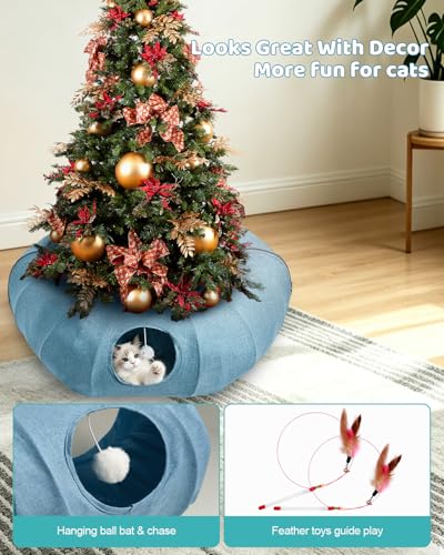Odoland Linen Cat Tunnels with Central Cat Bed, Interactive Cat Toys Detachable Washable Soft Mat Large Indoor Play Tunnel Cave for Kittens and Small Animals - color: Linen Light Blue