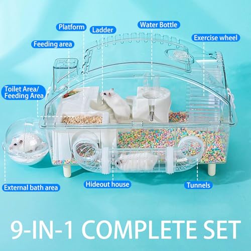 Tfwadmx Dwarf Hamster Cage,Acrylic Rat Cage,Hamster Home Small Animal Cages with Tube Exercise Wheel Mouse Habitat for Gerbils Mice 17.7”x11”x11.8” - color: Transparent