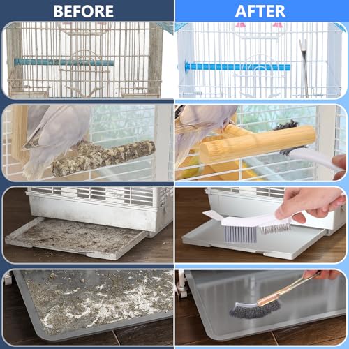 Bird Cage Cleaner Brush Kit Accessories,4 Pcs | Bird Poop Remover Cleaning Tools Set Accessories for Small,Medium,Large,Tall,Parakeet,Budgie,African Grey Parrot Birds Cage