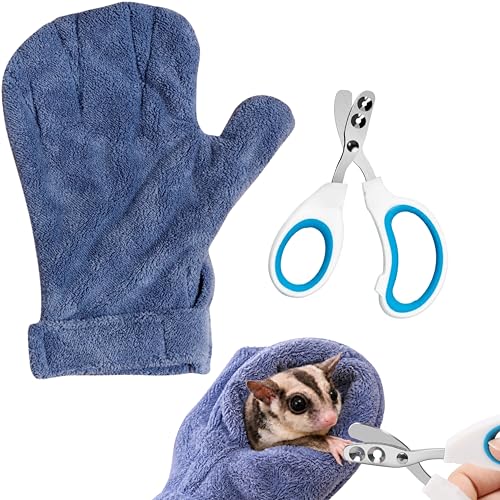 Sugar Glider Nail Trimming Kit with Handling Glove and Nail Scissors (Blue) | Small guide-hole scissors for tiny claws with a soft glove for handling