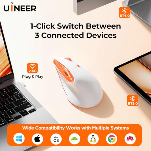 Uineer Vertical Ergonomic Mouse, Wireless Bluetooth Mouse, 3-Device | Switch among 3 devices via dual Bluetooth and 2.4G; rechargeable with 7-color ambient lighting. - color: Orange