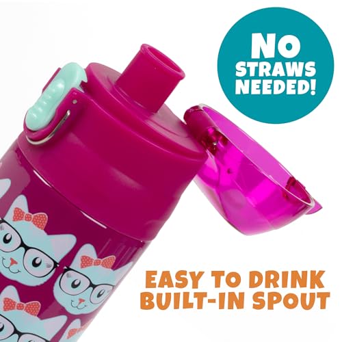 Bentology Stainless Steel 13 Oz Reusable Water Bottle for Kids, Kitty Cat | Double Wall Insulated, Spill Proof Lid W/Built-in Straw- Keep Liquids Hot or Cold- Easily Fits in Lunch Boxes & Bags - color: Kitty Cat