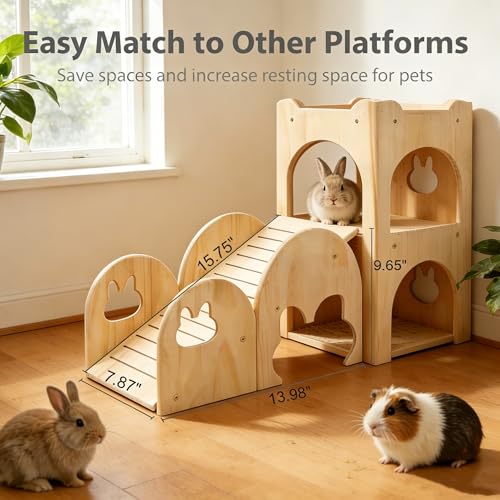 Large Bunny Hideout Wooden Bunny House with Ramp Rabbit Castle(Ladder) | solid wood guinea pig hideout chinchilla house with detachable panels,rabbit hide with ramp hideaways and climbing areas - style: Ladder