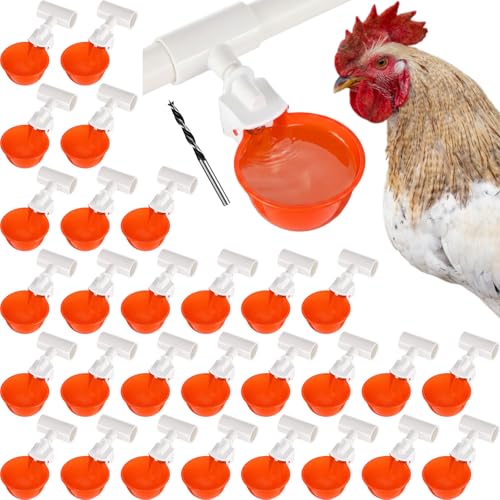 LemonRoad 30 Set Automatic Chicken Waterer Cups with 1/2" PVC Tee Fitting Chicken Drinking Bowl, Poultry Drinker Mounting Hole Opener,Water Dispenser Feeder for Duck, Goose, Turkey, Pigeon(Orange) - color: Orange