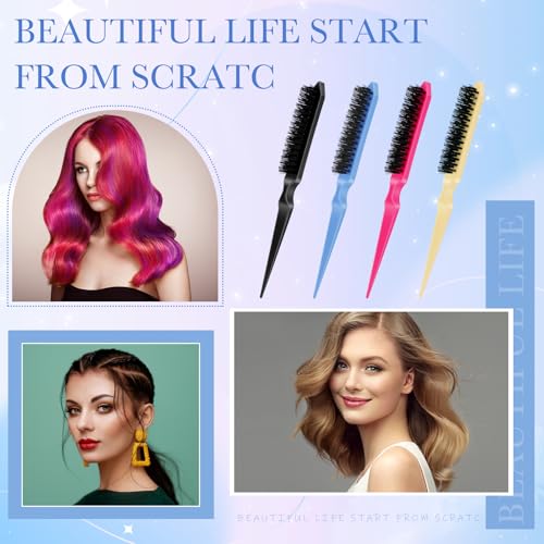 Yaomiao 6 Pcs Teasing Brush Set, 3 Row Nylon Rat Tail Combs for Fine Hair, Back Combing, Root Lifting, Scalp Massage, Hair Brushes for Women Salon Home Use(Black, Blue, Rose Red, Yellow) - color: Black, Blue, Rose Red, Yellow