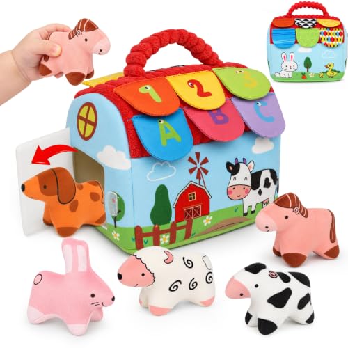 Baby Toy Barn with Plush Stuffed Farm Animals Baby Sensory Toy Tummy Time Learning Toy Soft Soothing Toys for Babies 0-36 Months Baby Shower 1st Birthday Gifts - color: Mix