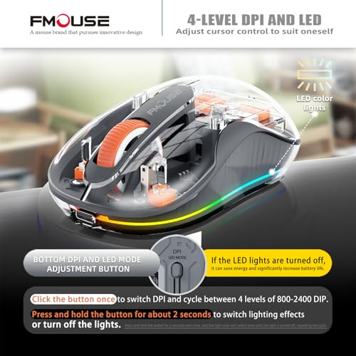 FMOUSE Transparent Wireless Mouse, Tri-Mode Bluetooth & 2.4GHz, Grey | USB-A & USB-C Receiver | Rechargeable | 3 Devices for MacBook Laptop iPad PC | Silent Clicks | Portable | RGB | 4-Level DPI - color: Grey