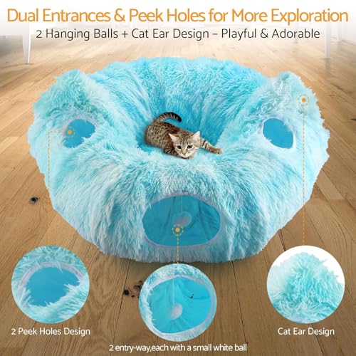 Cat Tunnel Bed, 3-in-1 Collapsible Cat Tube with Removable Washable Cushion, Multi-Shape (U/S/Half-Round) Playhouse with Peekaboo Holes, Hanging Balls & Cat Ears for Cats, Small Dogs, Rabbits - color: Sky Blue