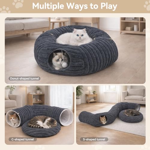 Dogpals Cat Tunnel Bed Cave 33" Lx10 Wx10 H for Indoor Cats | Washable Cozy Cushion, Soft Striped Plush Fabric, Hideaway Peekaboo Cave for Kittens, Puppies, Rabbits & Small Pets - color: Deep Grey