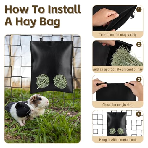 2Pcs Hanging Hay Feeder Bag for Guinea Pigs, Capacity of 0.35 Pounds of Hay, 11.8 x 9.8 Inch Bilayer Harmless Artificial Leather, 2-Hole Washable Hay Feeding Pouch for Small Rabbit, Chinchillas