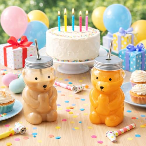 Sliner Valentine Bear Bottles with Straws Including Plastic Bear Drink Empty Bottle & Straws & Caps for Valentine Party Juice Milk Cup Drink Water Container - style: Bear