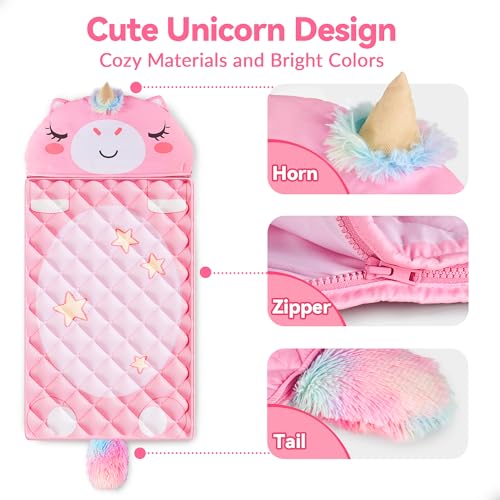 iPlay, iLearn Kid Sleeping Bag, Unicorn Slumber Sack, Toddler Girl Nap Mat | 2 in 1 Pink Animal Cushion Pillow Blanket, Happy Travel Sleepover Daycare Preschool Birthday Gift for 3 4 5 6 Year Old Child - style: Unicorn